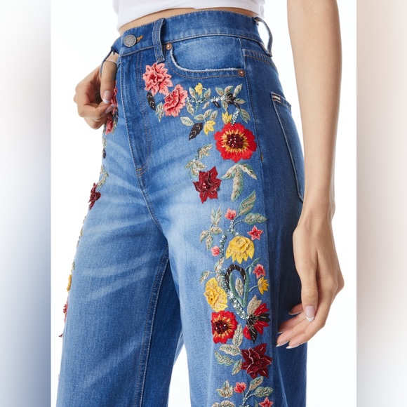 Alice + Olivia Blue Floral Embroidered Flare Jeans - Picture 5 of 15